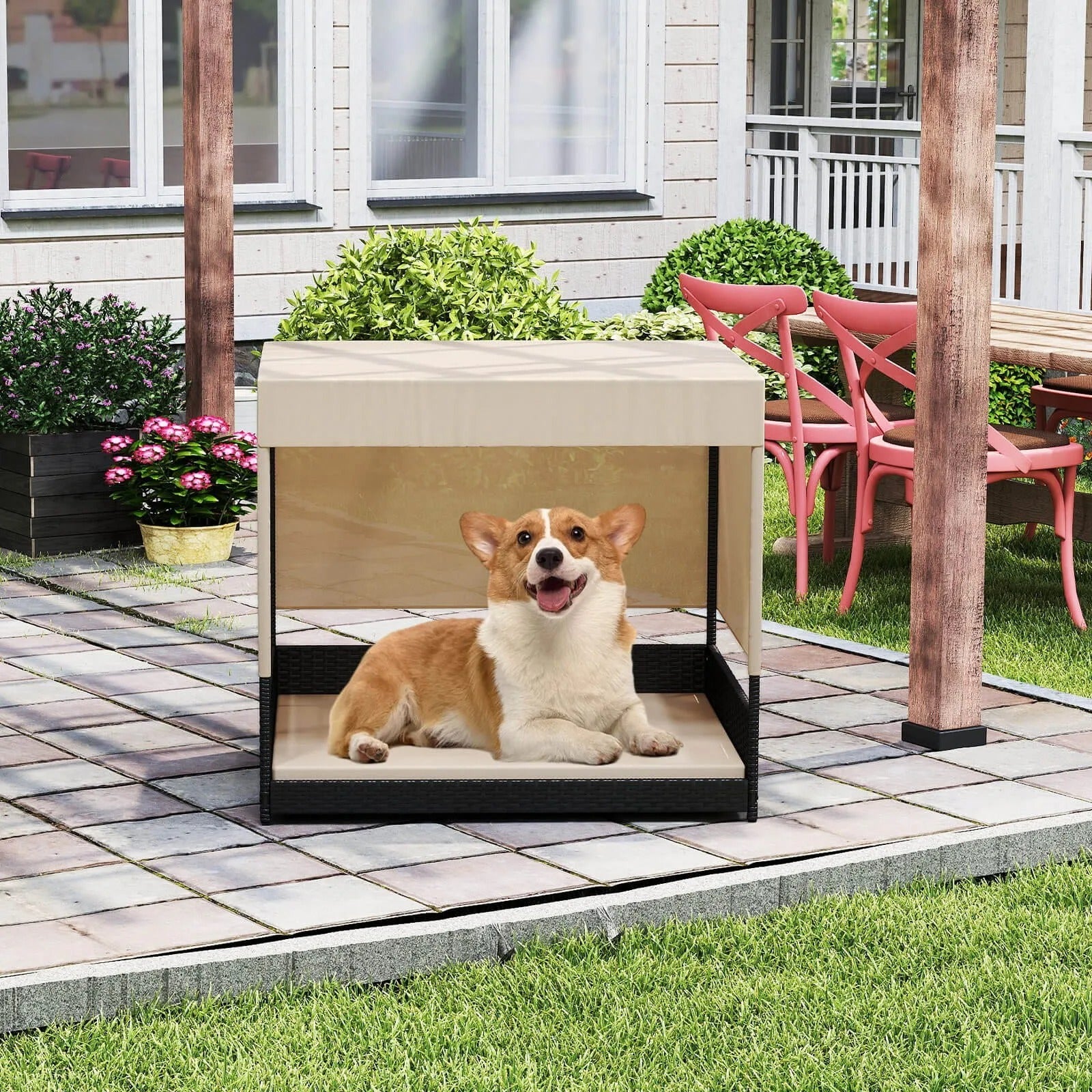 Elevated Wicker Dog House for Small to Medium Breeds-Black